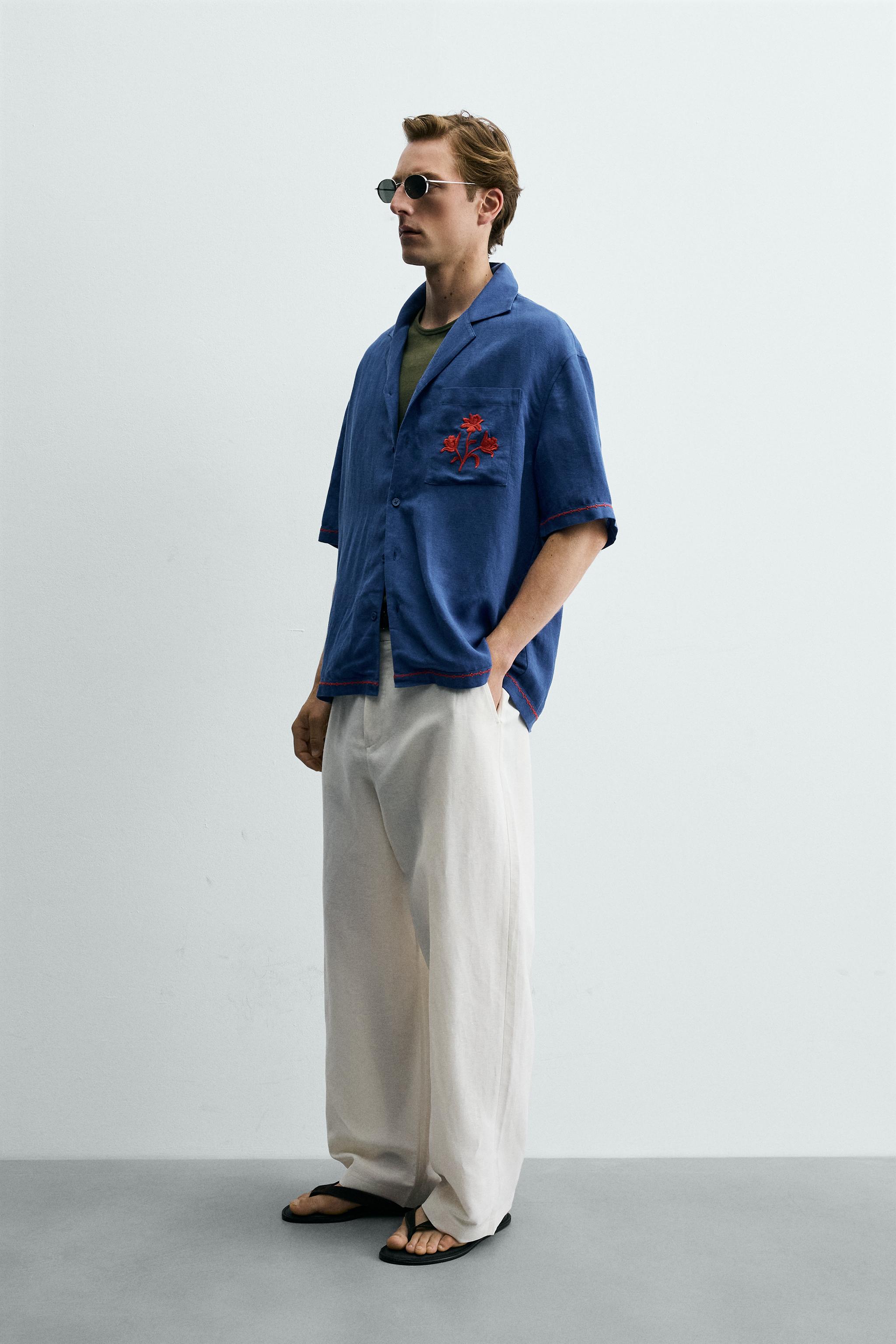 CHEMISE VISCOSE ET LIN BRODERIES CONTRASTE